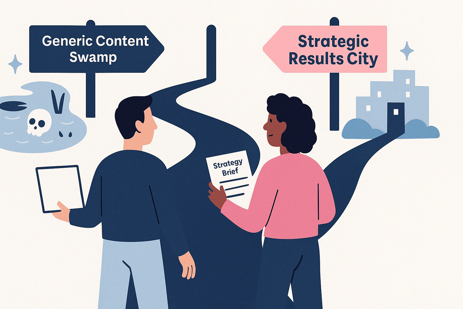 Illustration of two marketers choosing different AI prompt paths, strategy vs generic content